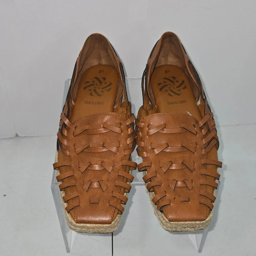 Sam & Libby Womens Woven Huarache Espadrille Flats Brown Square Toe 8.5
